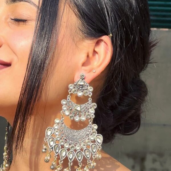 Oxidized Silver Tiered Statement Earrings with Kundan Accents