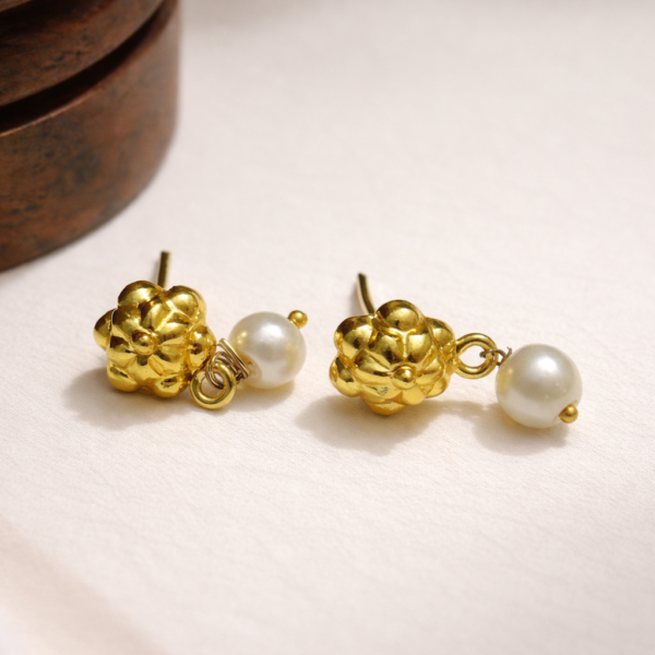 Gold Floral Pearl Stud Earrings