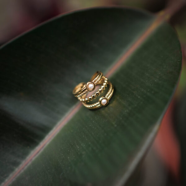 Pearl & Triple Round Adjustable Gold Ring