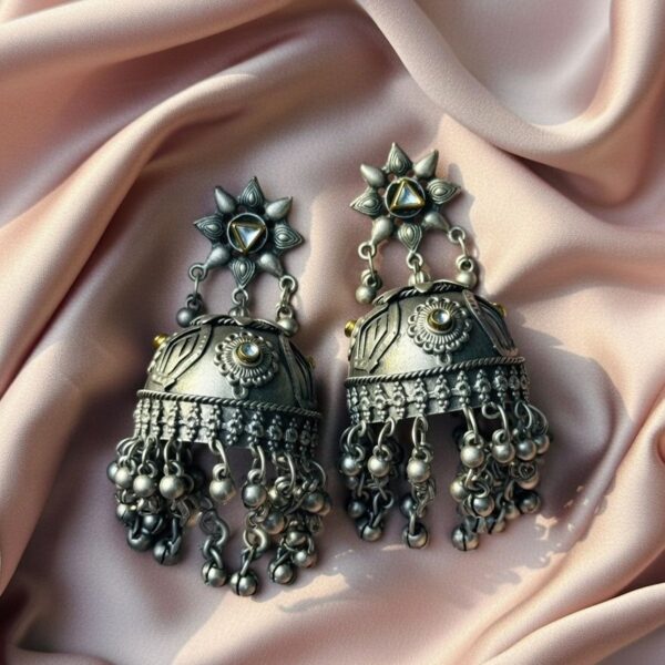 Antique Oxidized Silver Jhumka Chandelier Earrings with Cluster Bells