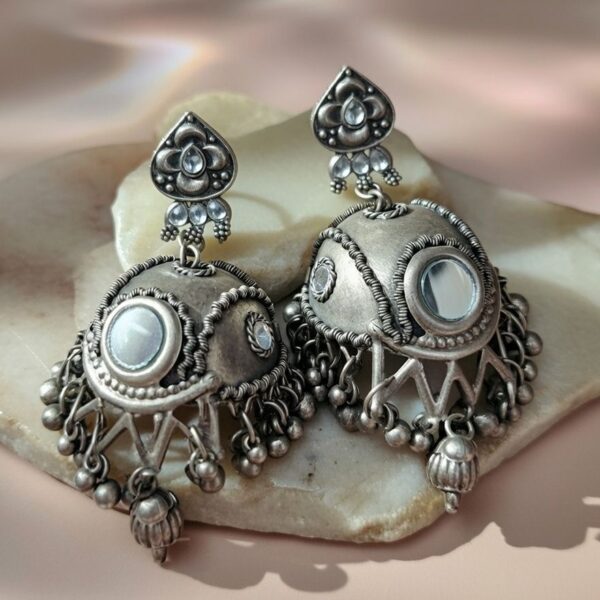 Vintage Oxidized Silver Heart-Post Jhumka Earrings with Mirror Detail