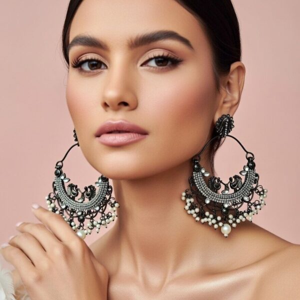 Oxidised Silver Pearl Chandbali Earrings